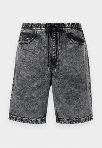 Denim shorts in a faded black wash with an elastic waistband and drawstring, featuring side pockets and contrasting stitching.