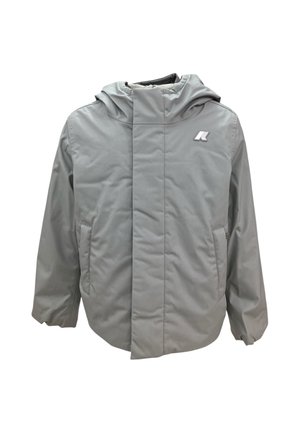 Giacca con cappuccio grigio chiaro con cerniera frontale e tasche laterali, con un piccolo logo bianco sul petto sinistro.