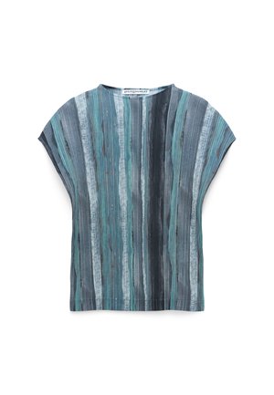 Maglietta a maniche corte con righe verticali in diverse tonalità di blu, verde e grigio. Tessuto leggero con una forma rilassata e finitura strutturata.