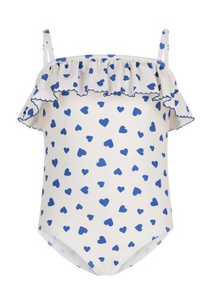 Biały strój kąpielowy z niebieskim wzorem serc, falbanowym dekoltem i cienkimi regulowanymi ramiączkami. Wykonany z elastycznego materiału, posiada falbaniasty wykończenie.