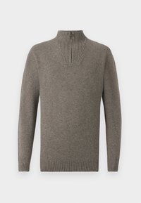 Gebreide pullovertrui in donkergrijze wolmix met een hoge kraag, geribbelde details en lange mouwen. Voorzien van een halve rits bij de halslijn.