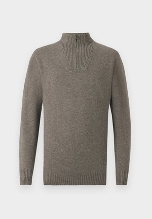 Knitted pullover sweater in dark grey wool blend with a high collar, ribbed detailing, and long sleeves. Features a half zipper at the neckline.