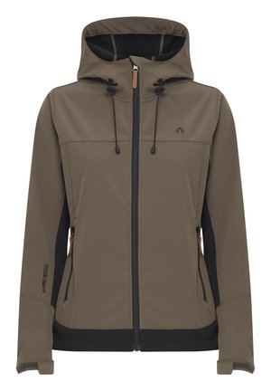 Brown softshell jacket with a hood, featuring black side panels, a front zipper, drawstrings, and zippered pockets.