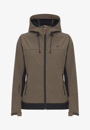 Barna softshell dzseki kapucnival, fekete oldalpanelek, elülső cipzárral, húzózsinórokkal és cipzáras zsebekkel.