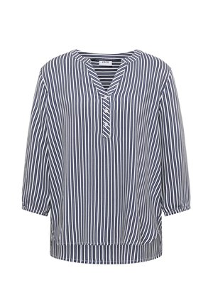 Blauw-wit verticaal gestreepte blouse met lange mouwen, een V-hals, gedeeltelijke knoopsluiting en elastische manchetten.