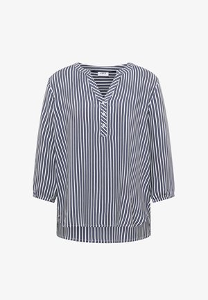 Blouse à manches longues bleu et blanc à rayures verticales, col en V, patte de boutonnage partielle et poignets élastiqués.