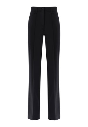 Black trousers with a tailored fit, featuring a flat front, subtle crease lines, and a single button closure at the waistband.