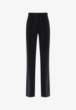 Pantaloni neri con una vestibilità su misura, caratterizzati da una parte frontale piatta, pieghe sottili e una chiusura con un solo bottone in vita.