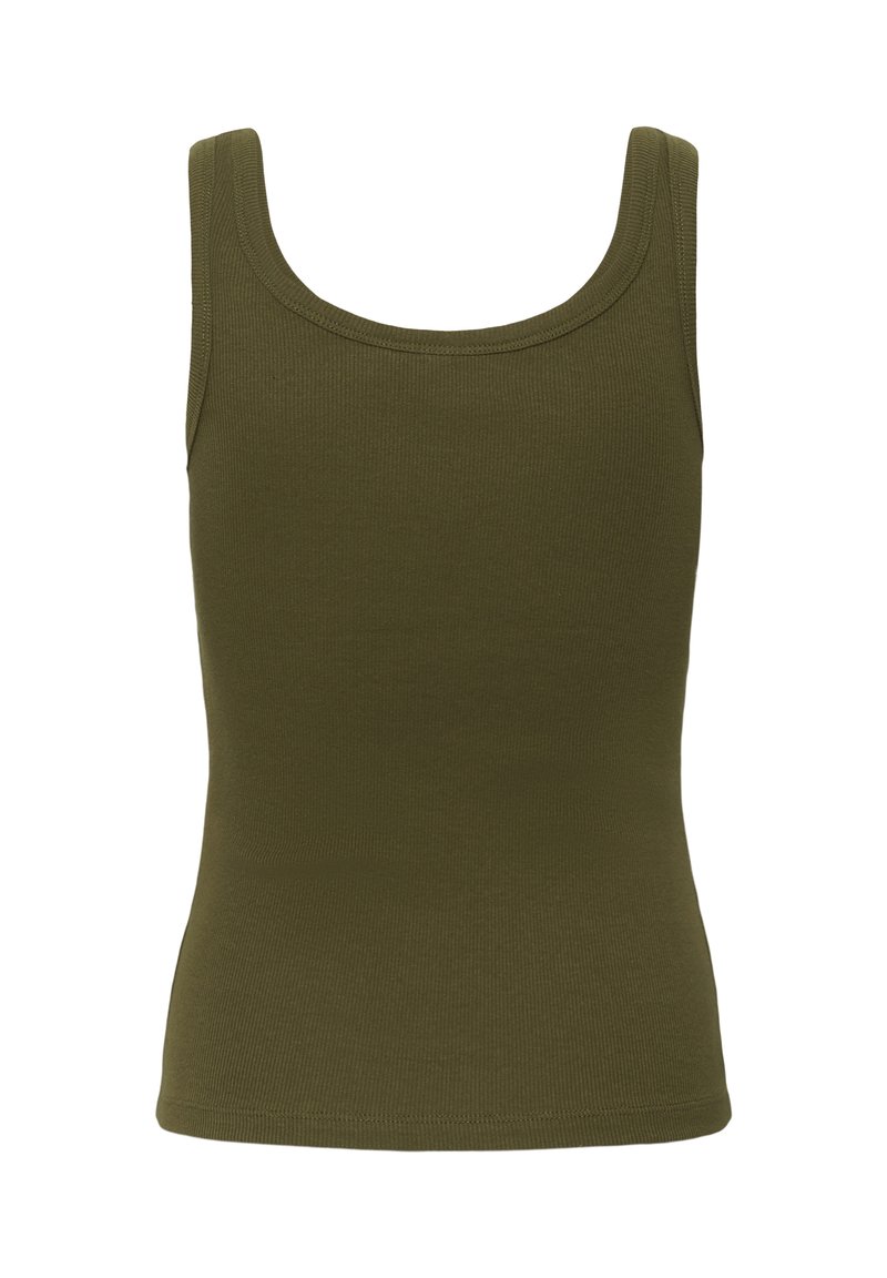 Débardeur vert olive sans manches en maille côtelée avec encolure arrondie et taille cintrée, présenté sur fond blanc.
