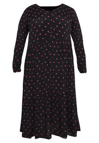 Robe noire à manches longues, décolleté en V, détails de boutons et ourlet à volants, avec de petits motifs floraux roses. Fabriquée en tissu léger.