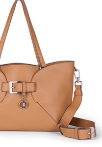 Borsa a mano in pelle color tan con un design strutturato, caratterizzata da un dettaglio con fibbia, un ciondolo e doppi manici. Include una tracolla regolabile.