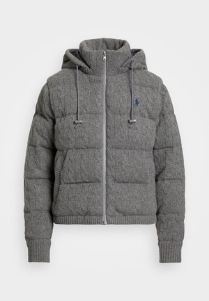 Gray puffer jacket with a textured cable knit design, fitted hood, front zipper, and ribbed cuffs and hem. Features a small logo accent.