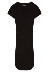 Abito nero a coste con maniche corte, scollatura rotonda e orlo leggermente curvo. Realizzato in un tessuto elastico per comfort e vestibilità.