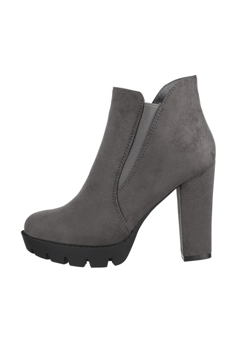 Stivale alla caviglia in suede grigio con tacco a blocco, pannelli laterali elasticizzati e suola in gomma texture, caratterizzato da una parte superiore liscia e punta arrotondata.