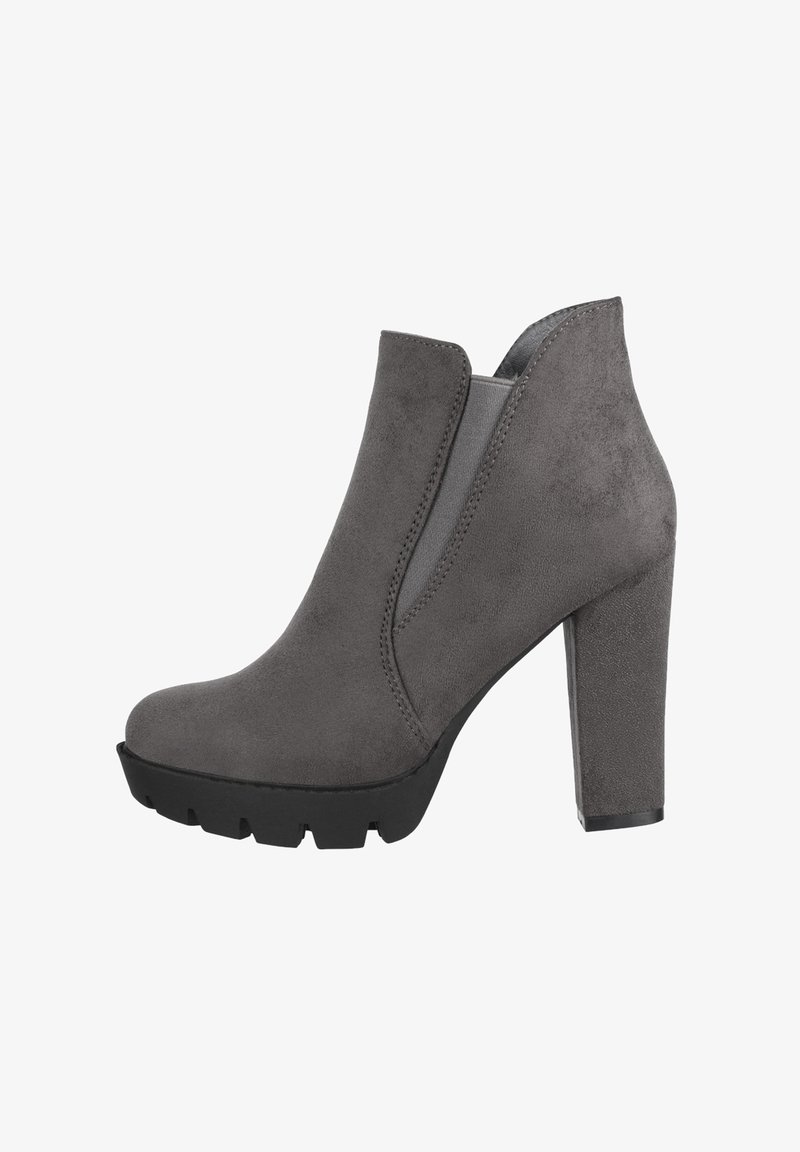 Stivale alla caviglia in suede grigio con tacco a blocco, pannelli laterali elasticizzati e suola in gomma texture, caratterizzato da una parte superiore liscia e punta arrotondata.