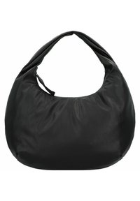 Sac à main en cuir noir avec une surface douce et texturée, une forme arrondie et une poignée incurvée. Il dispose d'une fermeture éclair et d'un design minimaliste.