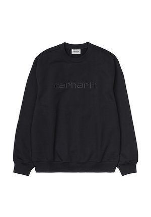 Schwarzer Langarm-Crewneck-Sweatshirt mit geprägt "carhartt"-Logo mittig auf der Brust, gerippte Bündchen und Saum.