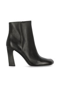 Stivaletto alla caviglia in pelle nera con tacco a blocco alto, punta arrotondata e superficie liscia. Presenta una tomaia senza cuciture e una chiusura a cerniera sul retro.