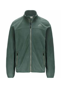 Giacca in pile di verde soffuso, con zip completa, colletto alto, due tasche laterali con zip, presenta un piccolo logo sul lato sinistro del petto.