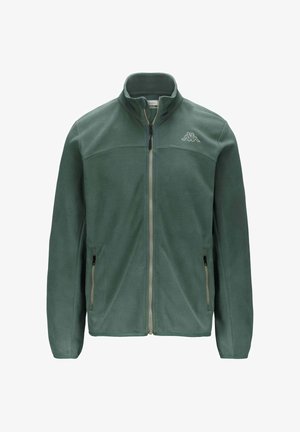 Giacca in pile di verde soffuso, con zip completa, colletto alto, due tasche laterali con zip, presenta un piccolo logo sul lato sinistro del petto.