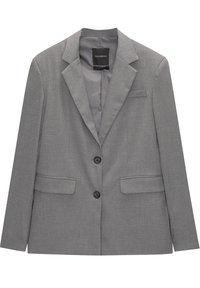 Szara marynarka z dwoma czarnymi guzikami, klapą z wycięciem oraz dwoma przednimi kieszeniami. Delikatna faktura z jedną kieszenią na piersi. Dopasowany krój.
