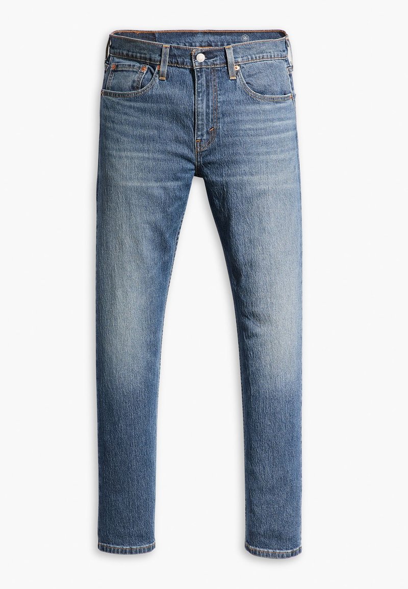 Blaue Denim-Jeans mit geradem Schnitt, einem Farbverlauf von hell bis dunkel, Fünf-Taschen-Design, Knopfverschluss und kontrastierenden Nähdetails.