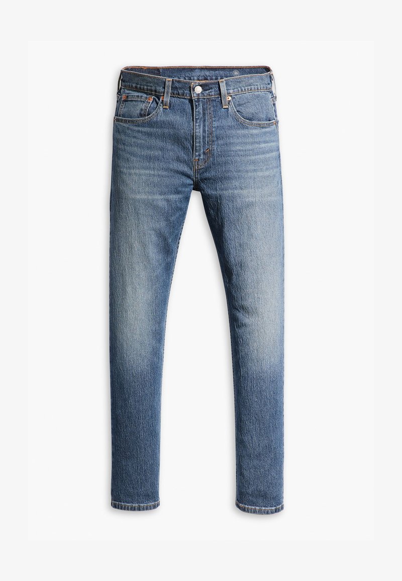 Jeans din denim albastru cu croială dreaptă, gradient de la spălare deschisă la cea închisă, design cu cinci buzunare, închidere cu buton și detalii de cusătură contrastante.