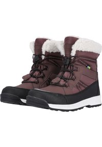 Braune wasserdichte Stiefel mit einem Fellkragen, schwarzer Gummikappe und weißer Sohle. Ausgestattet mit einem Schnellverschluss-System und einem strukturierten Oberdesign.