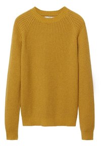Mustard yellow knit sweater with a textured pattern, ribbed cuffs, and neckline. Features a relaxed fit and long sleeves.