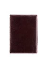 Bruine leren portemonnee met een gladde textuur, rechthoekige vorm en gestikte randen. Geen zichtbare patronen of hardwareaccenten.