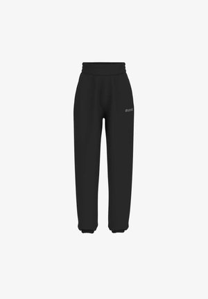 Pantalons de survêtement noirs en matériau doux avec une taille élastique et des poignets ; présente un logo discret sur la zone de la hanche.
