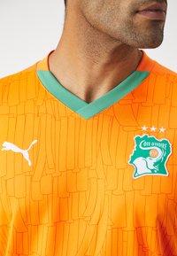 Oranje sportshirt met V-hals, voorzien van een textuurpatroon, groene accenten en een wit Puma-logo, samen met een embleem van Ivoorkust.