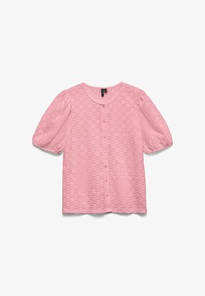 Blusa rosa a maniche corte con scollo rotondo, tessuto texturizzato, chiusura anteriore con bottoni e maniche a sbuffo. Adatta per un abbigliamento casual.