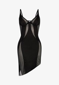 Vestido negro con un cuerpo de malla transparente, tirantes ajustables, soporte de varilla y dobladillo asimétrico con acentos de tela sólida.