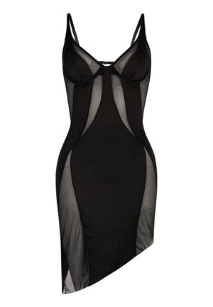 Black dress featuring a sheer mesh bodice, adjustable straps, underwire support, and asymmetrical hemline with solid fabric accents.