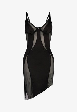 Schwarzes Kleid mit einem durchsichtigen Mesh-Oberteil, verstellbaren Trägern, Unterstützung durch Bügel und asymmetrischem Saum mit festen Stoffakzenten.