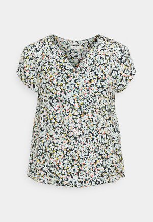 Blusa floreale a maniche corte con scollo a V, motivo floreale multicolore su sfondo scuro e tessuto morbido e leggero.