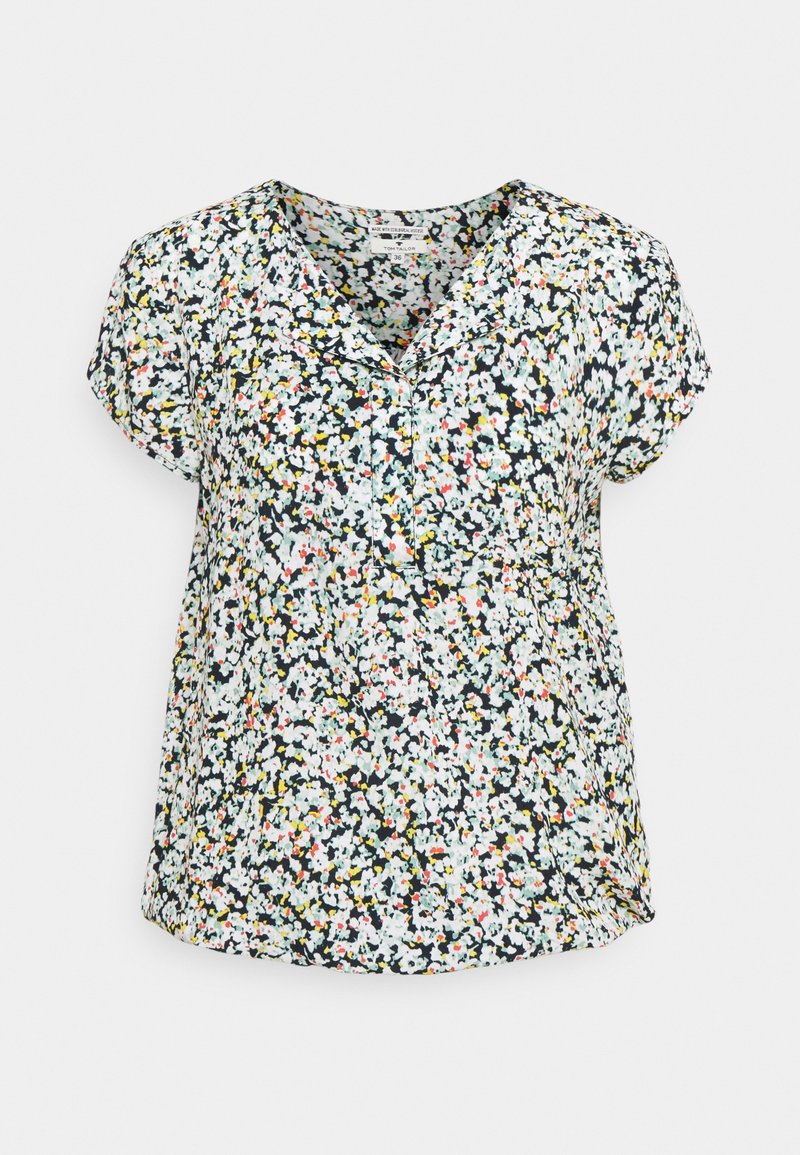 Blusa floreale a maniche corte con scollo a V, motivo floreale multicolore su sfondo scuro e tessuto morbido e leggero.