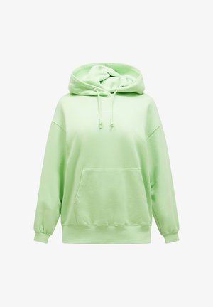 Lichtgroene hoodie van een zachte katoenen mix. Voorzien van een ruime capuchon, een voorkantzak en elastische manchetten. Eenvoudig, relaxed ontwerp.