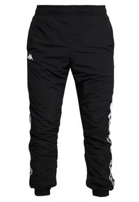 Svarta träningsbyxor gjorda av lättviktsmaterial, med vita sidostråk och elastiska mudd. Det finns en logotyp på vänster lår.