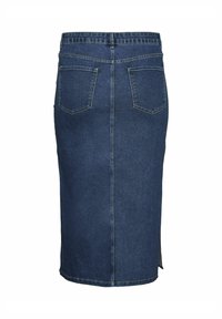 Temno modra jeans krila s prilegajočo obliko, zadnjimi žepi in razporkom na robu, zaključena z kontrastnim šivanjem.