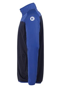 Mannenjas in marineblauw en blauwe stof, met een hoge kraag, ritszakken aan de zijkant en een logo-embleem op de linkerschouder.