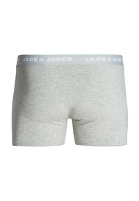 Gray cotton boxer shorts with a soft waistband labeled "JACK & JONES" in white. Features a smooth texture and a snug fit design.
