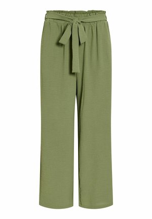 Svetlozeleno papirnato hlače z visokim pasom, širokimi hlačnicami in usklajenim tkanim pasom, zavezanim v lok spredaj.
