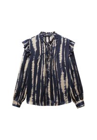 Camicia a maniche lunghe navy e crema con collo a cravatta, caratterizzata da strisce verticali di tie-dye e spalle a volant. Tessuto morbido, chiusura con bottoni.