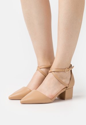Chaussures à talons carrés beiges à bout pointu avec brides à la cheville, portées pieds nus sur fond blanc.