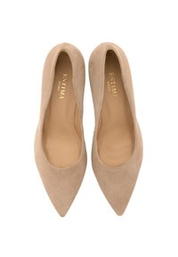 Beżowe zamszowe baleriny w szpic z gładkim wnętrzem, z niskim wycięciem dla eleganckiego wyglądu. Bez widocznego okucia lub akcentów.