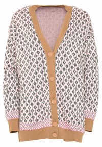 Cardigan s designem ve tvaru V, geometrickým vzorem v zelené, růžové a bílé barvě, s hnědými akcenty a kulatými oranžovými knoflíky vpředu.