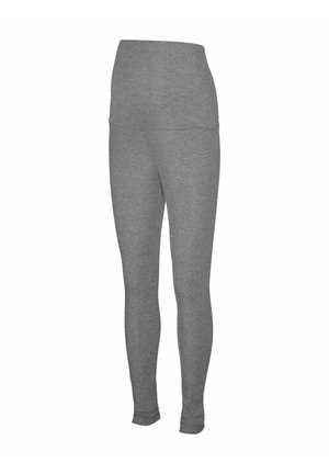 Grijze leggings van rekbaar materiaal, met een hoge tailleband en een gladde, gestructureerde afwerking. Geen zichtbare patronen of hardware-details.