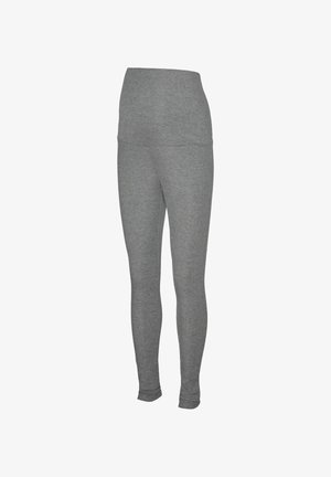Gray leggings made of stretchy material, featuring a high waistband and a smooth, textured finish. No visible patterns or hardware details.